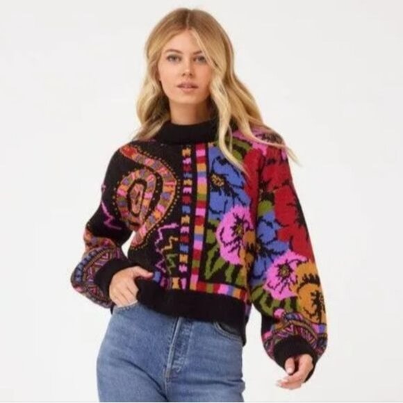 FARM Rio Sweaters - FARM Rio Sweater XL Mixed Scarves Black Floral Tribal High Neck